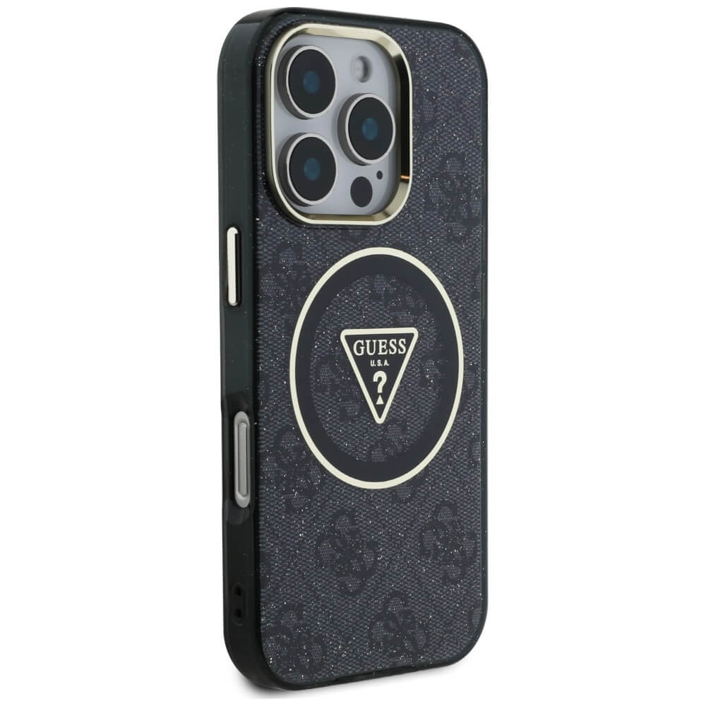 Guess iPhone 16 Pro Max - IML Metal Glitter 4G Circle Triangle MagSafe - Σκληρή Θήκη με Πλαίσιο Σιλικόνης και MagSafe - Black - GUHMP16XHG4PRTGK