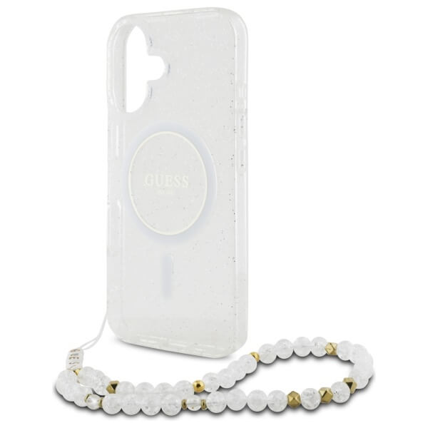 Guess iPhone 16 - IML Glitter With Pearl Strap MagSafe - Σκληρή Θήκη με Πλαίσιο Σιλικόνης και Λουράκι - Διάφανη - GUHMP16SHGCRELST