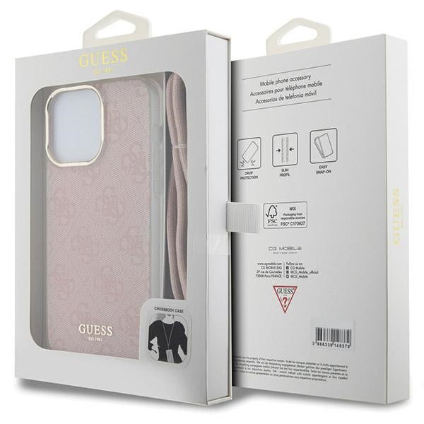 Guess iPhone 15 Pro Max Crossbody Cord 4G Print Σκληρή Θήκη με Πλαίσιο Σιλικόνης και Λουράκι - Pink - GUHCP15XHC4SEP
