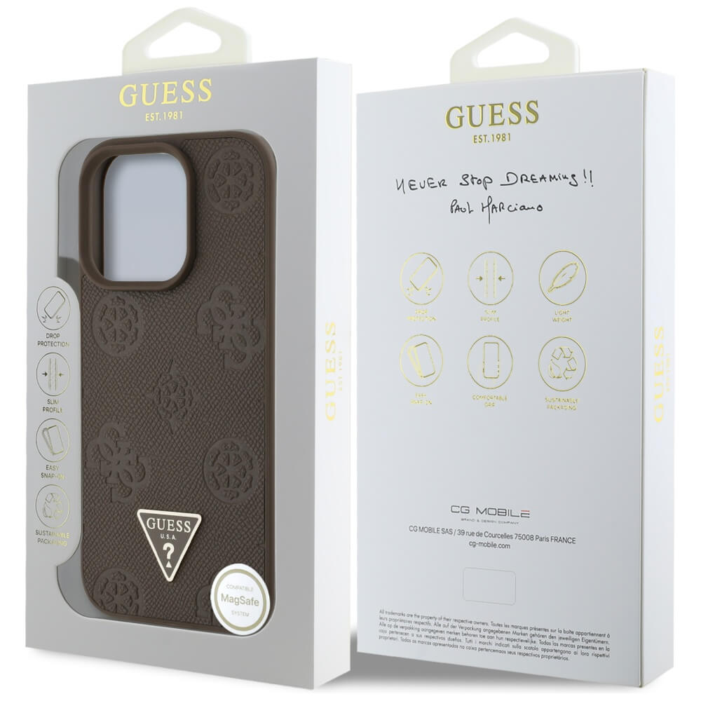 Guess iPhone 16 Pro Max - Grained Hot Stamp Peony Triangle Logo - MagSafe Σκληρή Θήκη με Επένδυση Συνθετικού Δέρματος - Brown - GUHMP16XPGBTMW