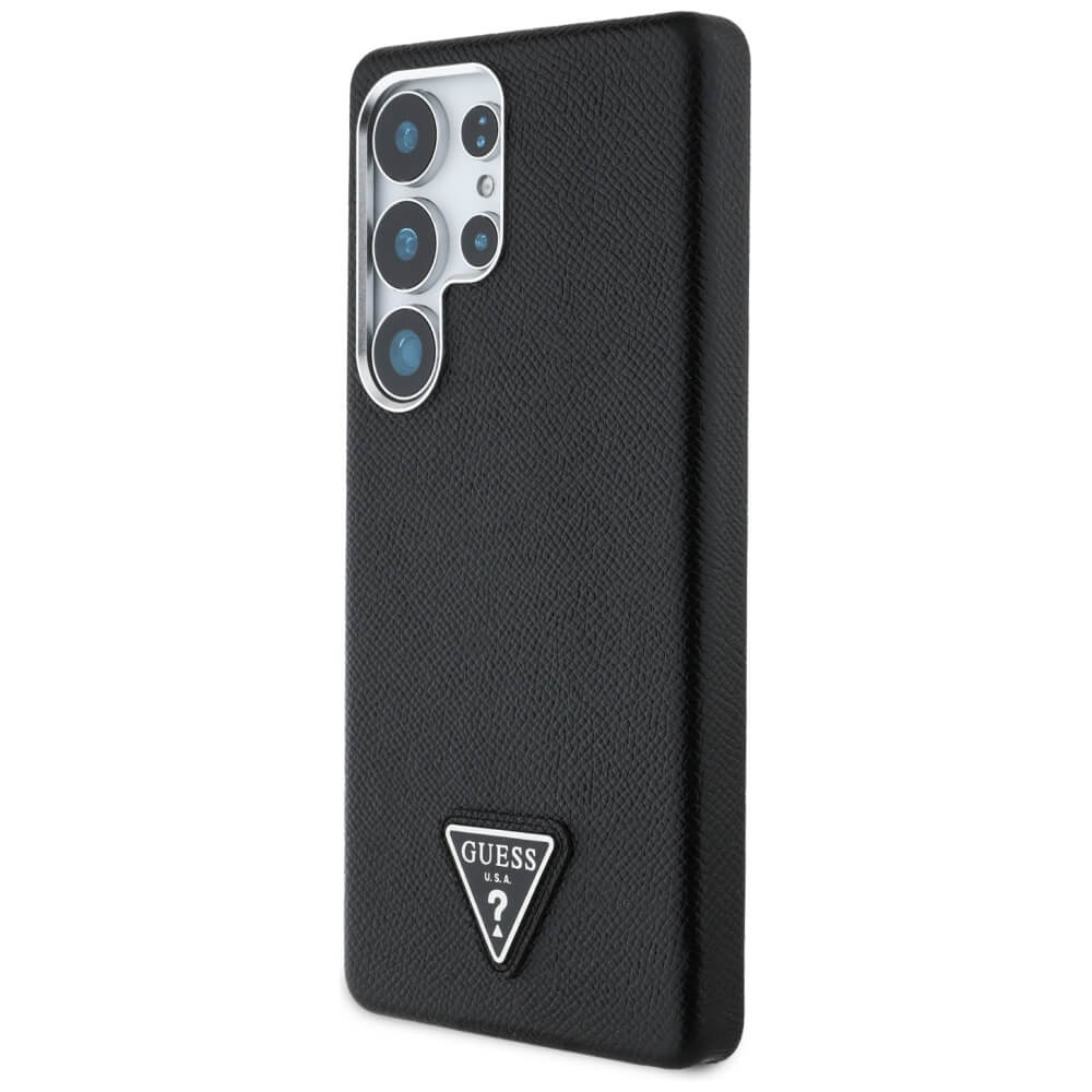 Guess Samsung Galaxy S25 Ultra - Grained Triangle Logo - MagSafe Σκληρή Θήκη με Πλαίσιο Σιλικόνης και Συνθετικό Δέρμα - Black - GUHMS25LPGTSPSK
