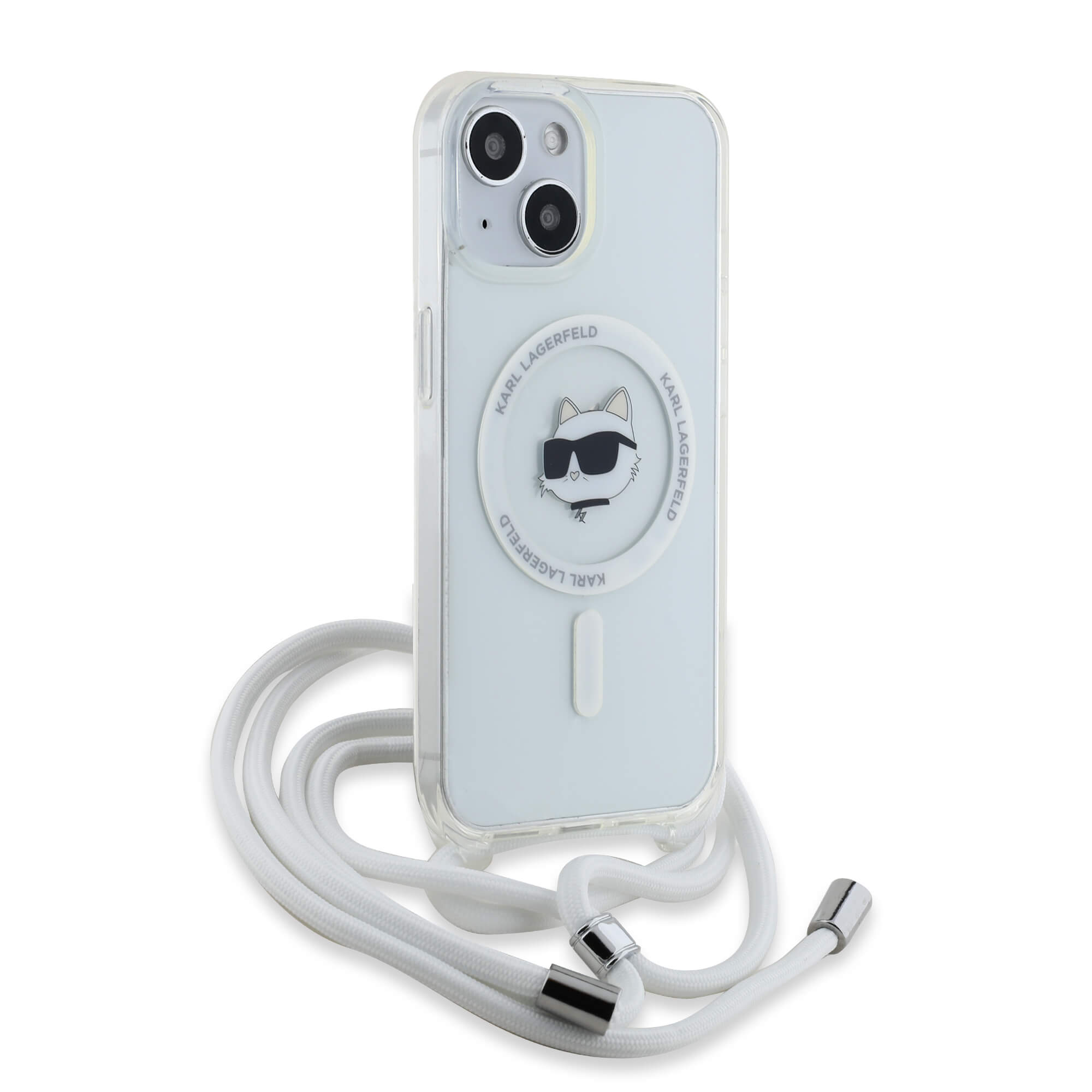 Karl Lagerfeld iPhone 15 / 14 / 13 - IML Choupette Head and Cord - MagSafe Σκληρή Θήκη με Πλαίσιο Σιλικόνης και Λουράκι - Διάφανη - KLHMP13MHCCHNT