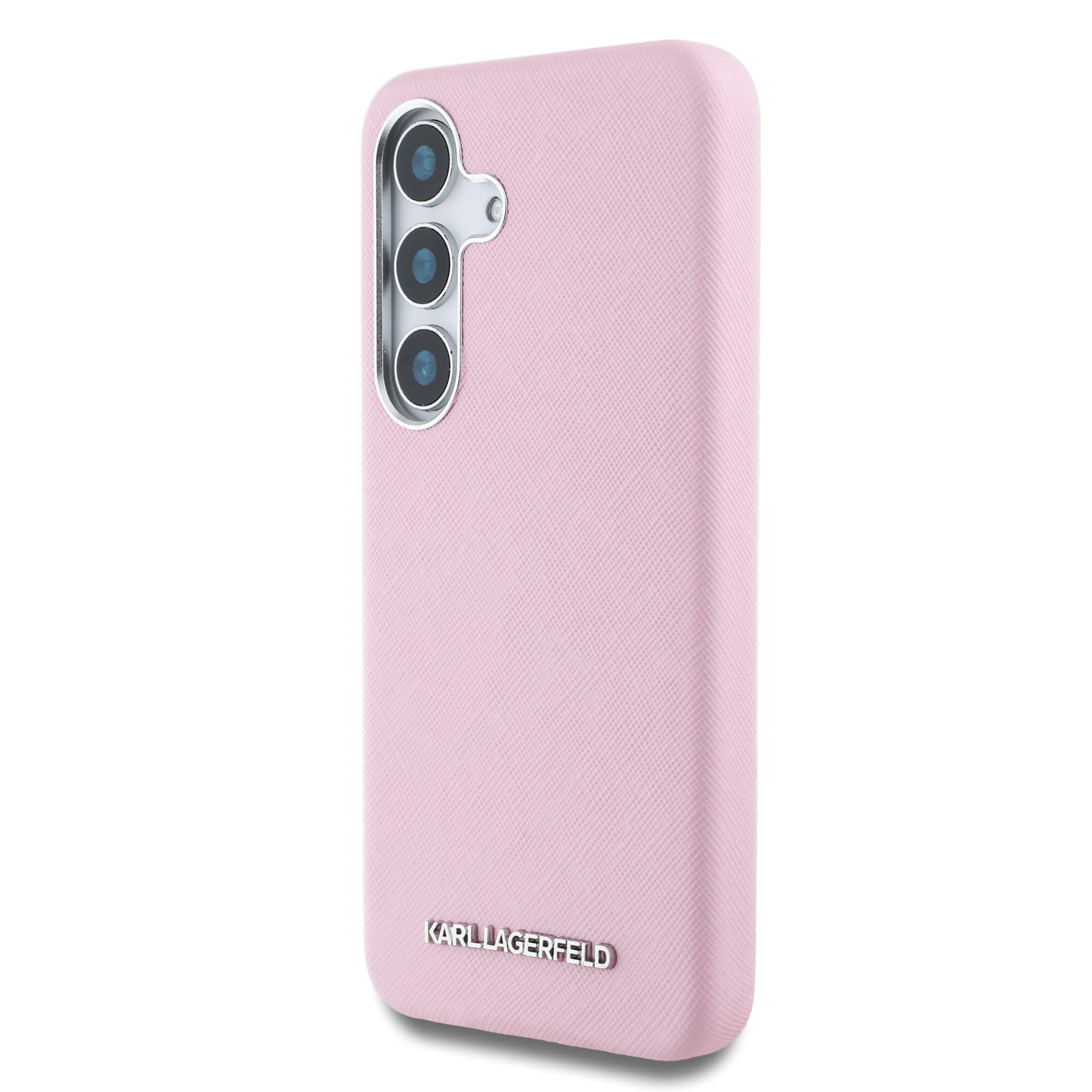Karl Lagerfeld Samsung Galaxy S25 - Saffiano Full Wrapped Elongated Metal Logo - MagSafe Σκληρή Θήκη με Επένδυση Συνθετικού Δέρματος και Πλαίσιο Σιλικόνης - Pink - KLHMS25SPSAFWMCP