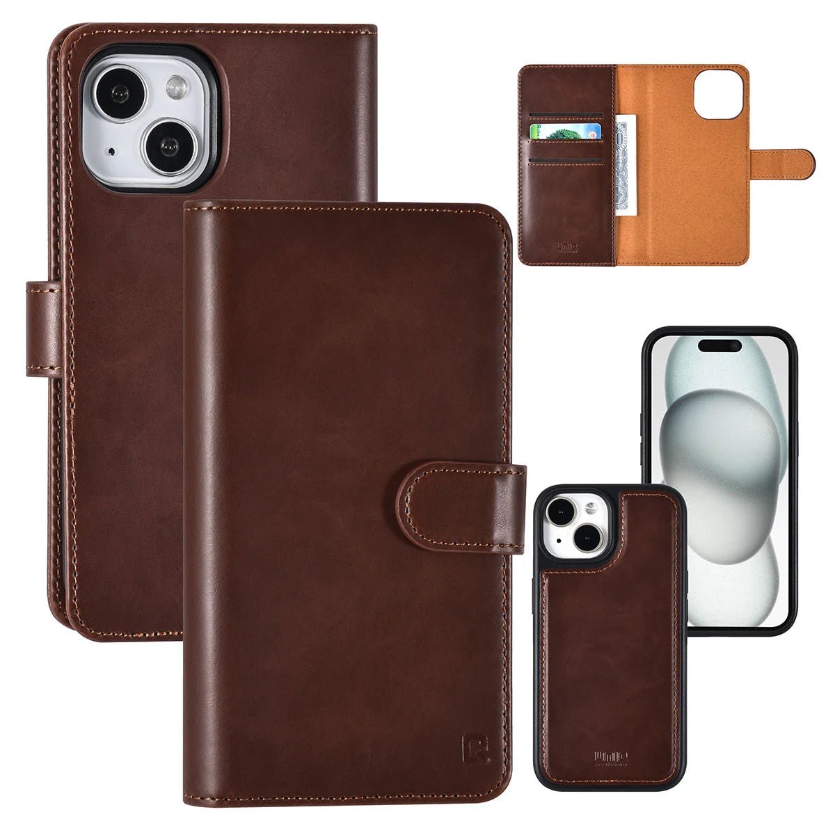 Tuniq iPhone 15 - 2 σε 1 - Θήκη Πορτοφόλι από Δερματίνη με Αποσπώμενη Θήκη - Καφέ