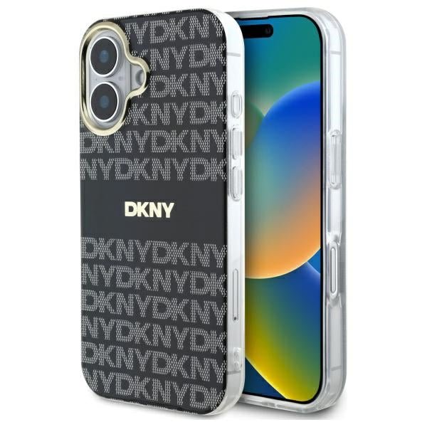 DKNY iPhone 16 - Repeat Texture Pattern With Stripe - MagSafe Σκληρή Θήκη με Πλαίσιο Σιλικόνης - Black