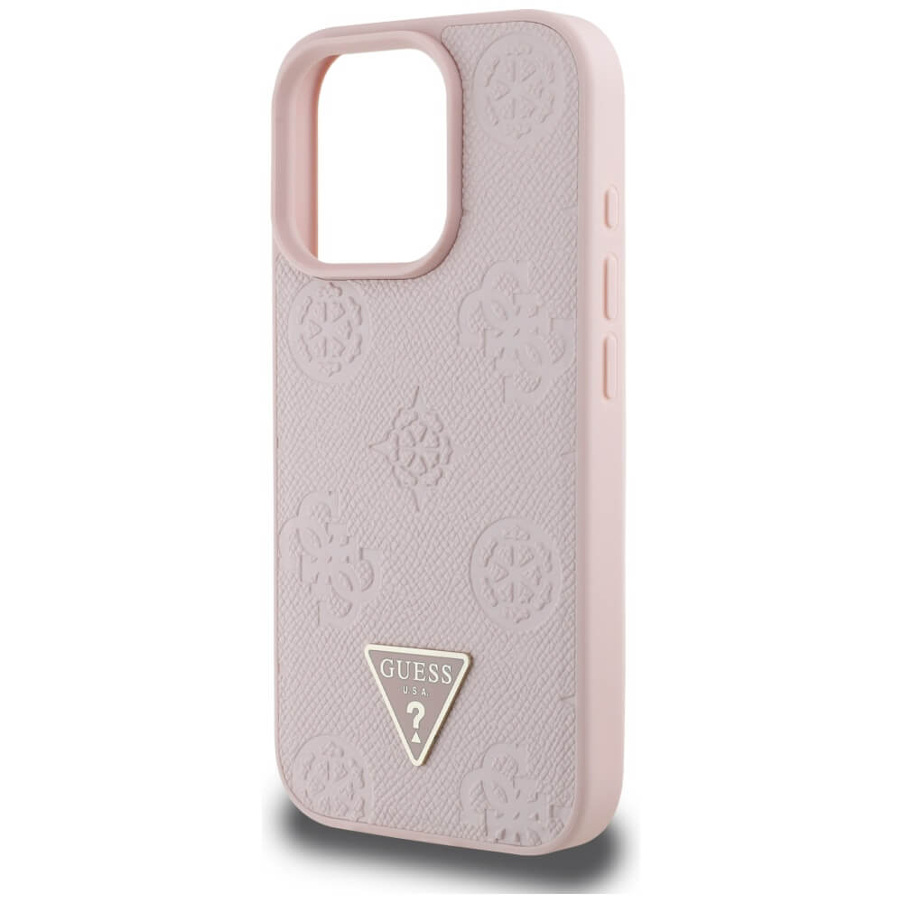 Guess iPhone 16 Pro - Grained Hot Stamp Peony Triangle Logo - MagSafe Σκληρή Θήκη με Επένδυση Συνθετικού Δέρματος - Pink - GUHMP16LPGBTMP