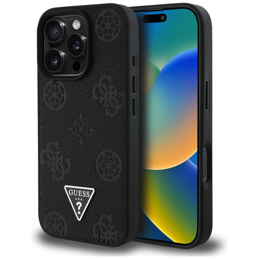 Guess iPhone 16 Pro Max - Grained Hot Stamp Peony Triangle Logo - MagSafe Σκληρή Θήκη με Επένδυση Συνθετικού Δέρματος - Black - GUHMP16XPGBTMK
