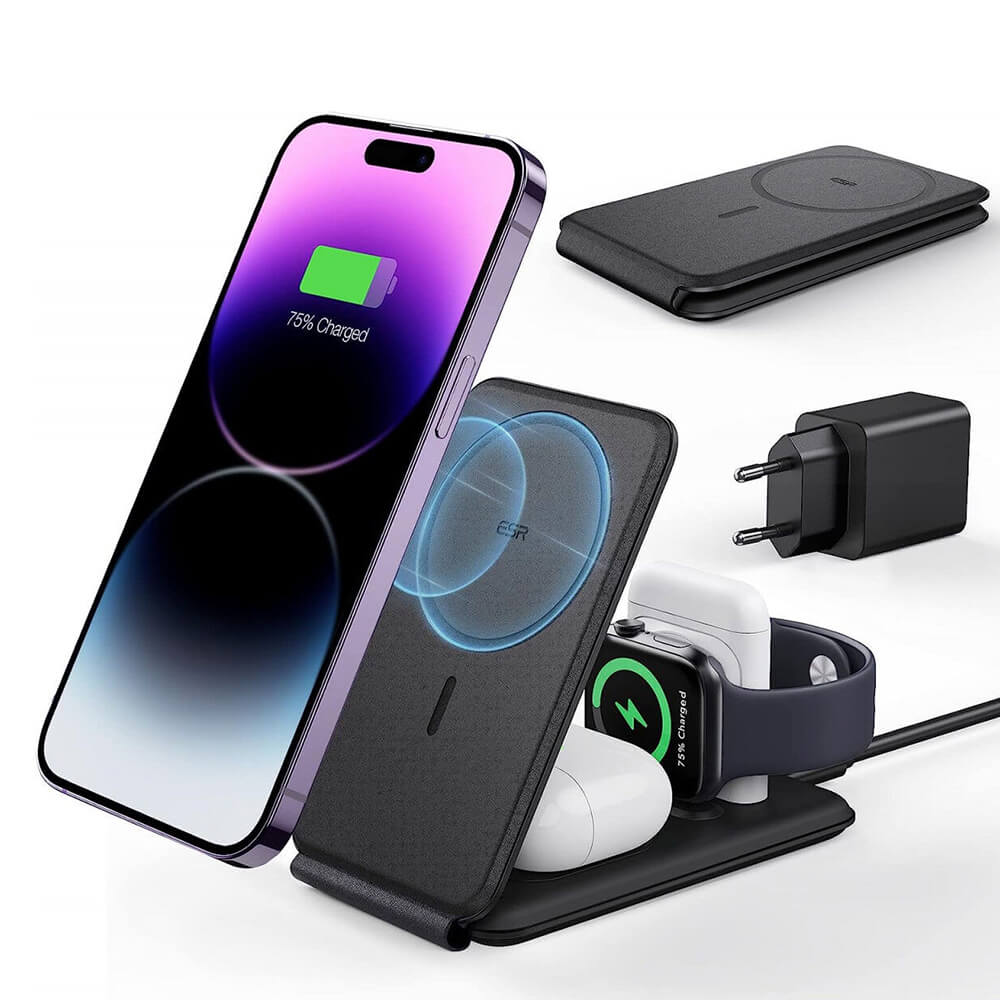 ESR Premium 3in1 Travel Set Ασύρματος Μαγνητικός Φορτιστής MagSafe 15W - Black