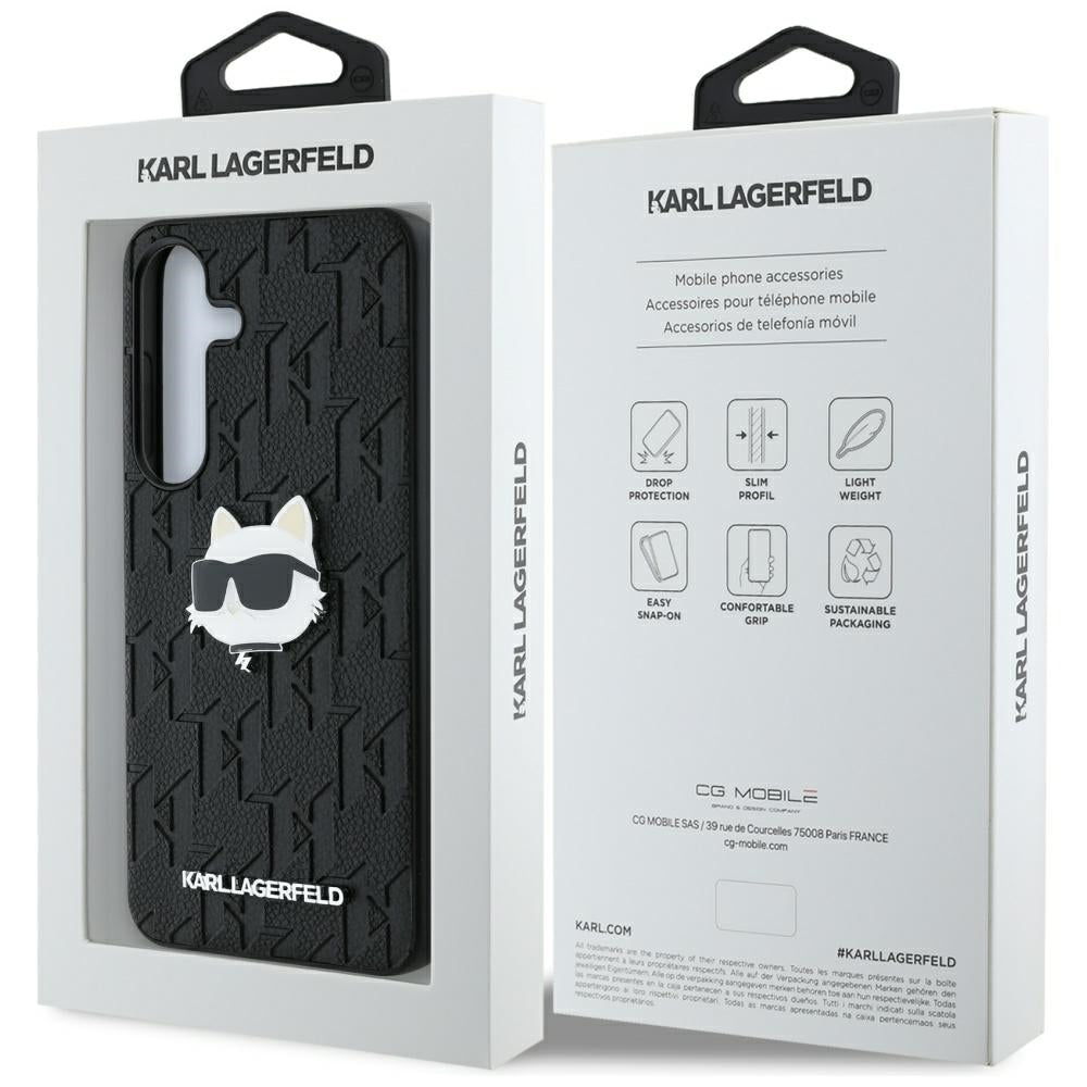 Karl Lagerfeld Samsung Galaxy S25 - Monogram Choupette Head Pin - Σκληρή Θήκη με Επένδυση Συνθετικού Δέρματος - Black - KLHCS25SPGKLCHPK
