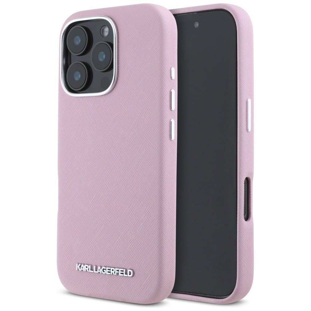 Karl Lagerfeld iPhone 16 Pro - Saffiano Full Wrapped Elongated Metal Logo - MagSafe Σκληρή Θήκη με Επένδυση Συνθετικού Δέρματος και Πλαίσιο Σιλικόνης - Pink - KLHMP16LPSAFWMCP