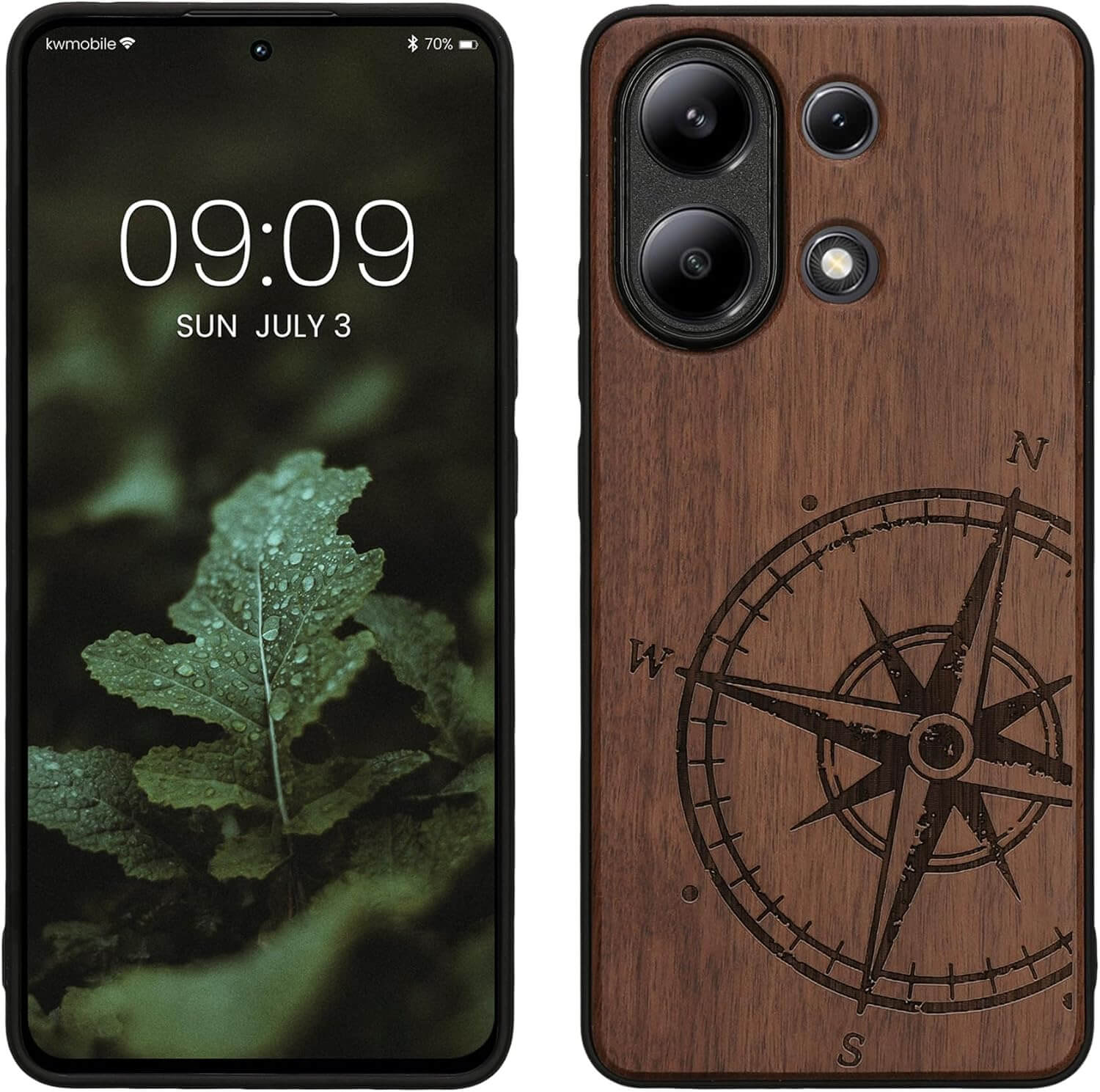 KW Xiaomi Redmi Note 13 4G Θήκη από Φυσικό Ξύλο - Design Compass Vintage - Dark Brown