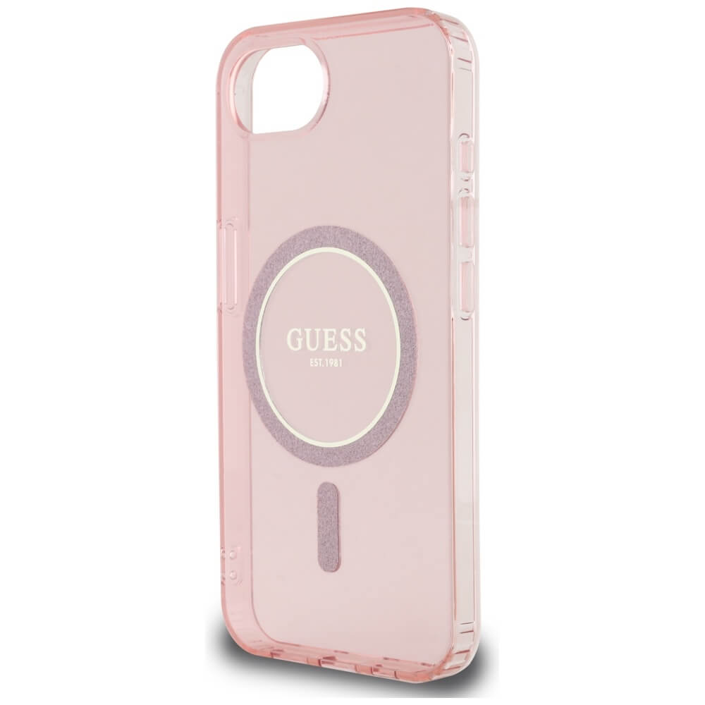 Guess iPhone 16e - IML Glitter Circle MagSafe - Σκληρή Θήκη με Πλαίσιο Σιλικόνης - Pink - GUHMPSE4HFGEREP