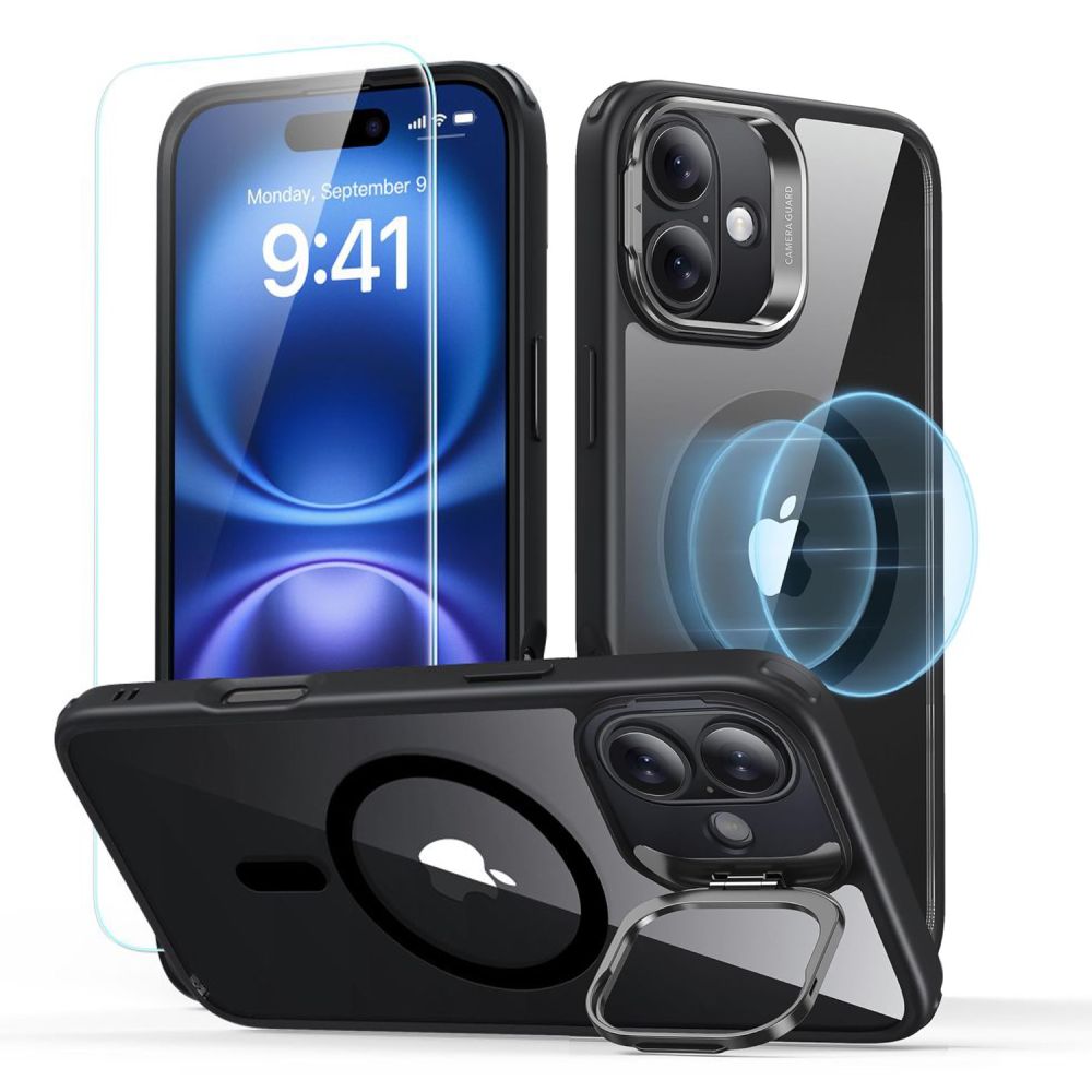 ESR iPhone 16 Plus Classic Hybrid Kickstand Halolock MagSafe Σκληρή Θήκη με Πλαίσιο Σιλικόνης και Αντιχαρακτικό Γυαλί Οθόνης - Clear / Black