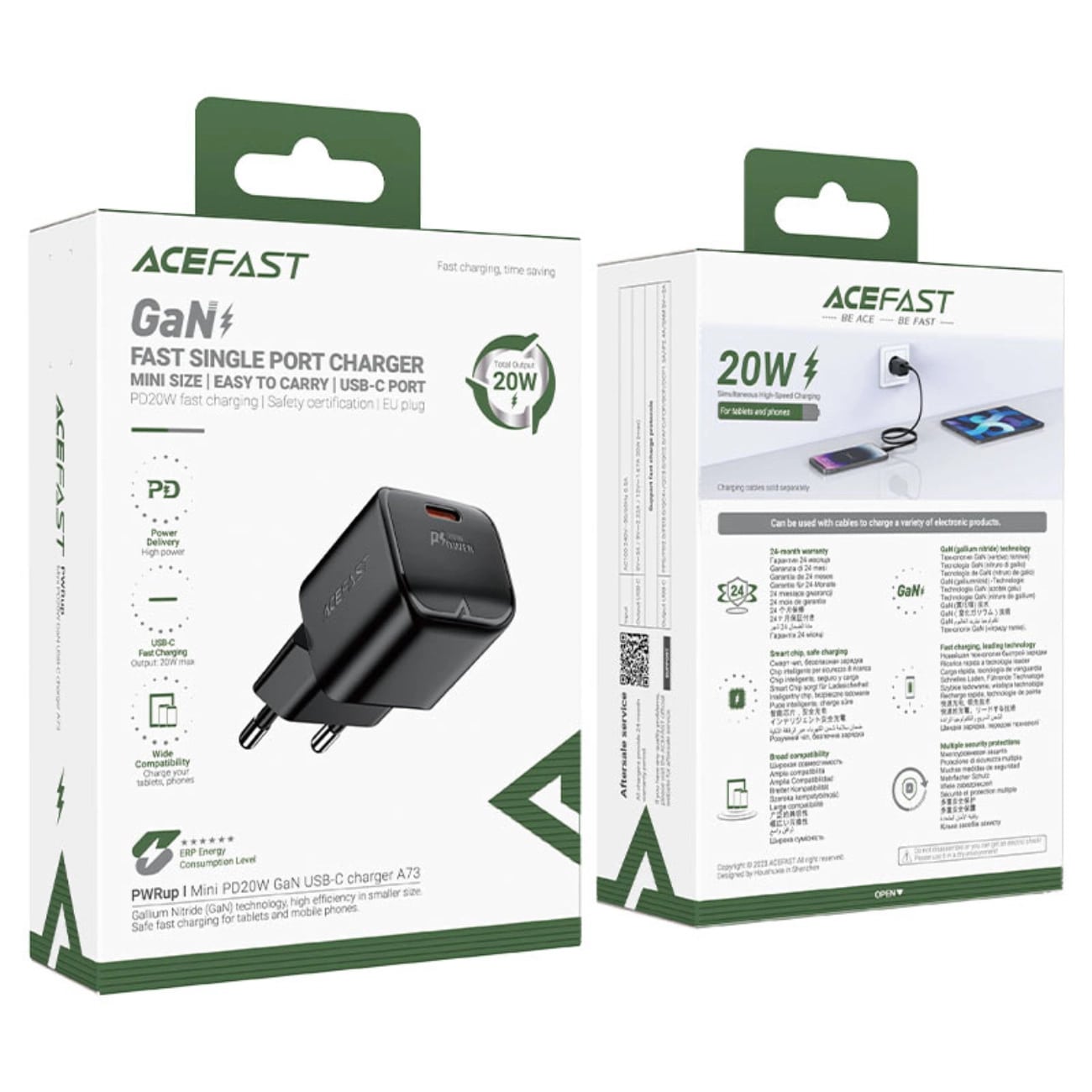 Acefast A73 Mini PD 20W GaN Οικιακός Φορτιστής Γρήγορης Φόρτισης Type - C - Black