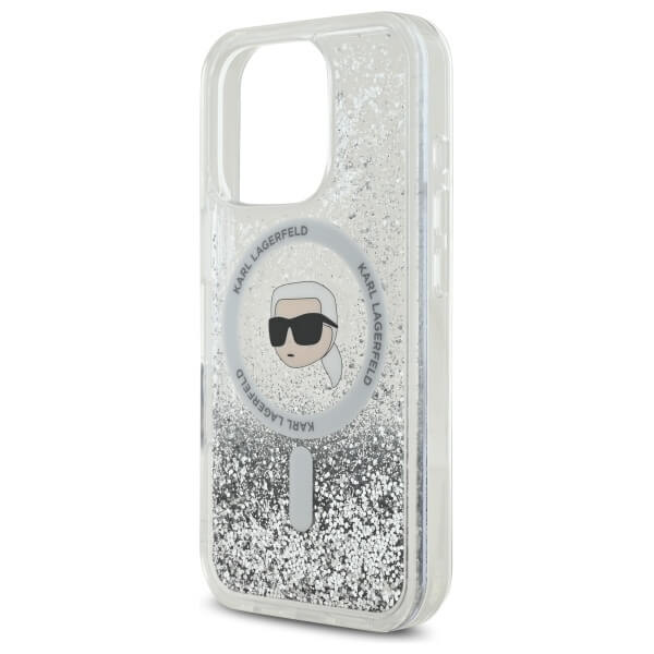 Karl Lagerfeld iPhone 16 Pro Max - Liquid Glitter Karl Head - MagSafe Σκληρή Θήκη με Πλαίσιο Σιλικόνης - Διάφανη - KLHMP16XLGKISGH
