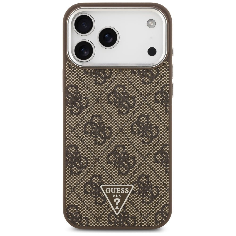 Guess iPhone 17 Pro Max - 4G Triangle Logo MagSafe - Σκληρή Θήκη με Πλαίσιο Σιλικόνης και Επένδυση Συνθετικού Δέρματος - Brown / Silver - GUHMP17XP4TSRCMW