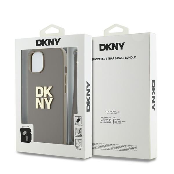 DKNY iPhone 15 / 14 / 13 - Wrist Strap Stock Logo - Σκληρή Θήκη με Επένδυση Συνθετικού Δέρματος με Λουράκι - Beige