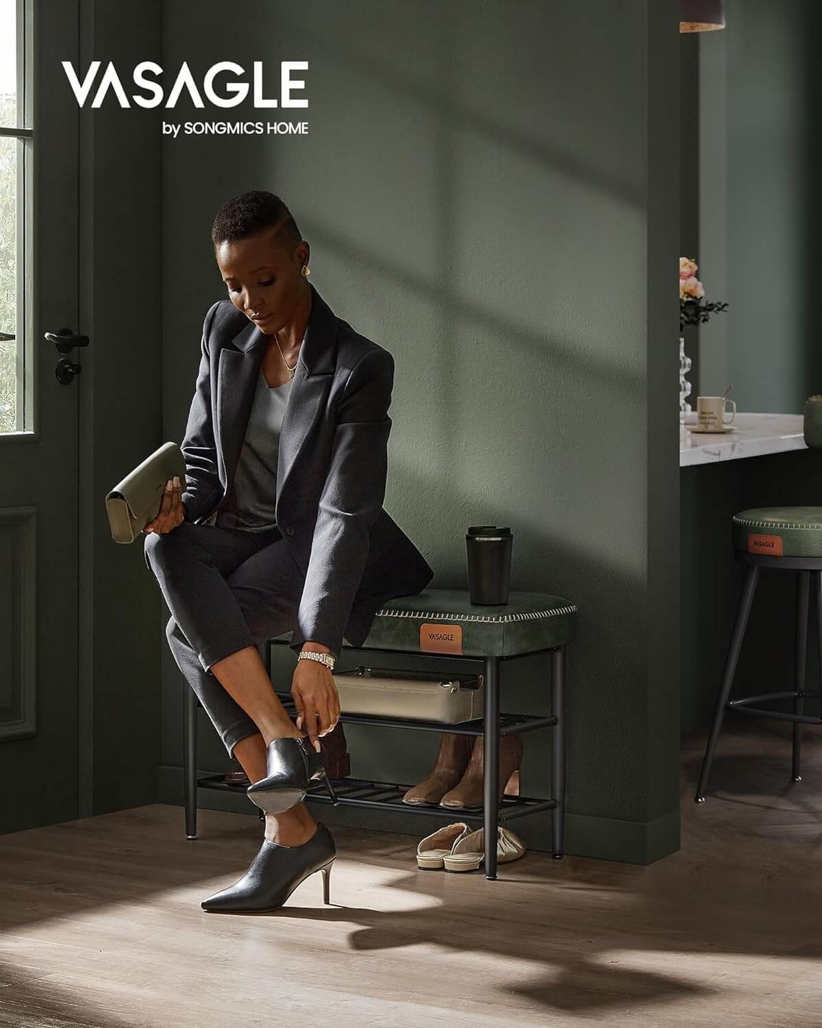 Vasagle EKHO Πάγκος / Σκαμπό με Κάθισμα από Συνθετικό δέρμα και 2 Ράφια - 30 x 80 x 50 cm - Forest Green - LSB054C01