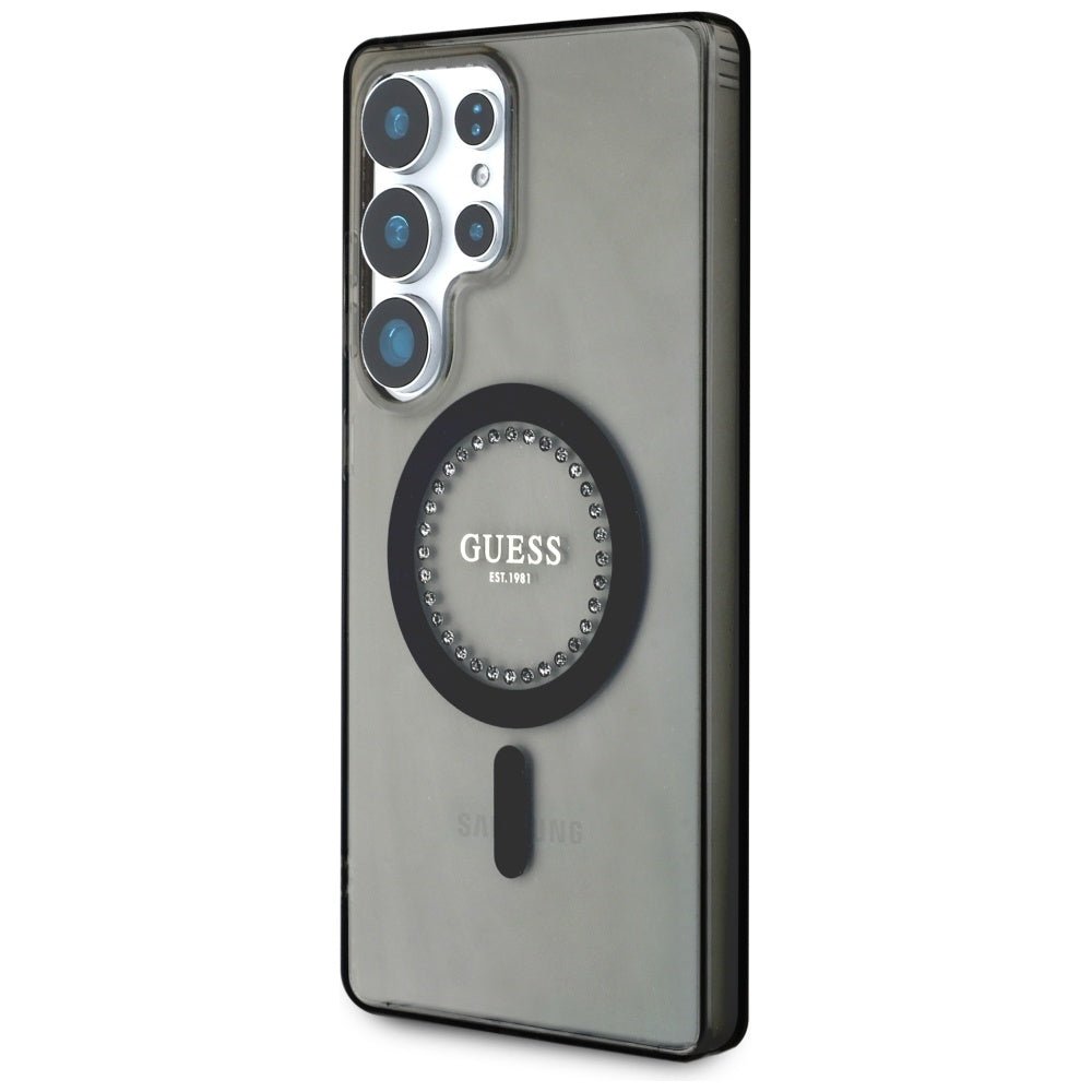 Guess Samsung Galaxy S25 Ultra - Rhinestones Printed Classic Logo - MagSafe Σκληρή Θήκη με Πλαίσιο Σιλικόνης - Black - GUHMS25LPFTDTEK