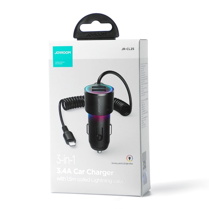 Joyroom JR - CL25 3in1 Fast Car Charger 17W Φορτιστής Αυτοκινήτου με 2 Θύρες USB και Καλώδιο Lightning 1.5m - Black