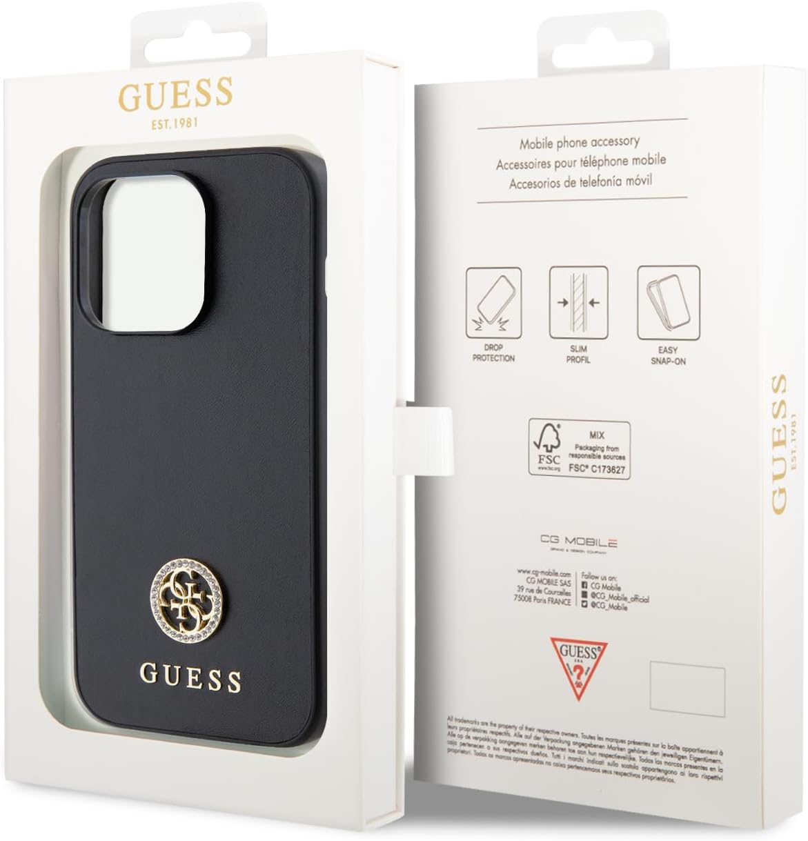 Guess iPhone 15 Pro 4G Strass Metal Logo Θήκη με Επένδυση Συνθετικού Δέρματος - Black - GUHCP15LPS4DGPK