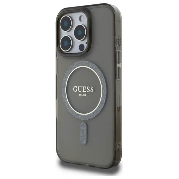 Guess iPhone 16 Pro - IML Glitter Circle - MagSafe Σκληρή Θήκη με Πλαίσιο Σιλικόνης - Black - GUHMP16LHFGEREK
