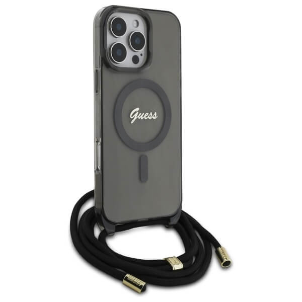 Guess iPhone 16 Pro - Crossbody Cord Script MagSafe - Σκληρή Θήκη με Πλαίσιο Σιλικόνης και Λουράκι - Black - GUHMP16LHCTSGNSK