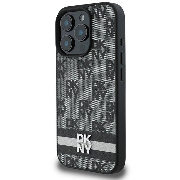 DKNY iPhone 16 Pro Max - Checkered Pattern and Printed Stripes Σκληρή Θήκη με Επένδυση Συνθετικού Δέρματος - Black