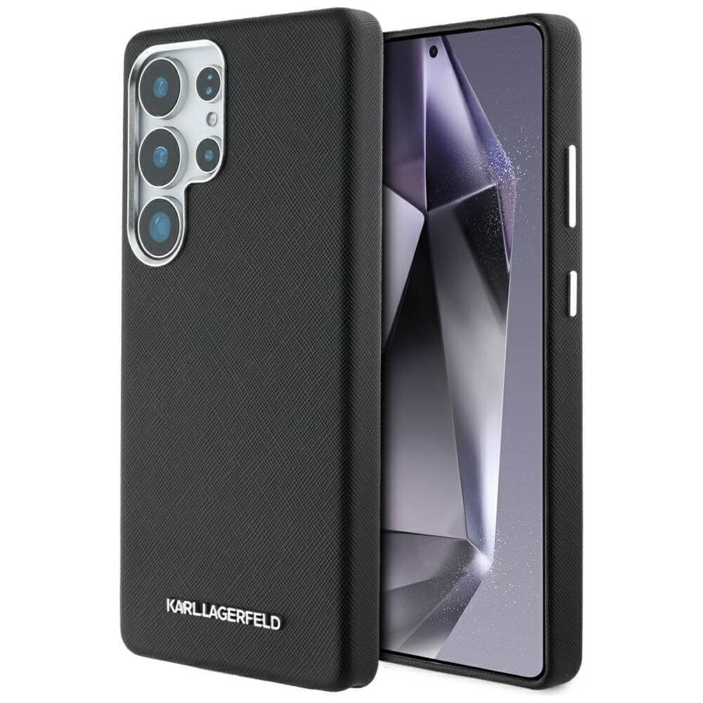 Karl Lagerfeld Samsung Galaxy S25 Ultra - Saffiano Full Wrapped Elongated Metal Logo - MagSafe Σκληρή Θήκη με Επένδυση Συνθετικού Δέρματος και Πλαίσιο Σιλικόνης - Black - KLHMS25LPSAFWMCK