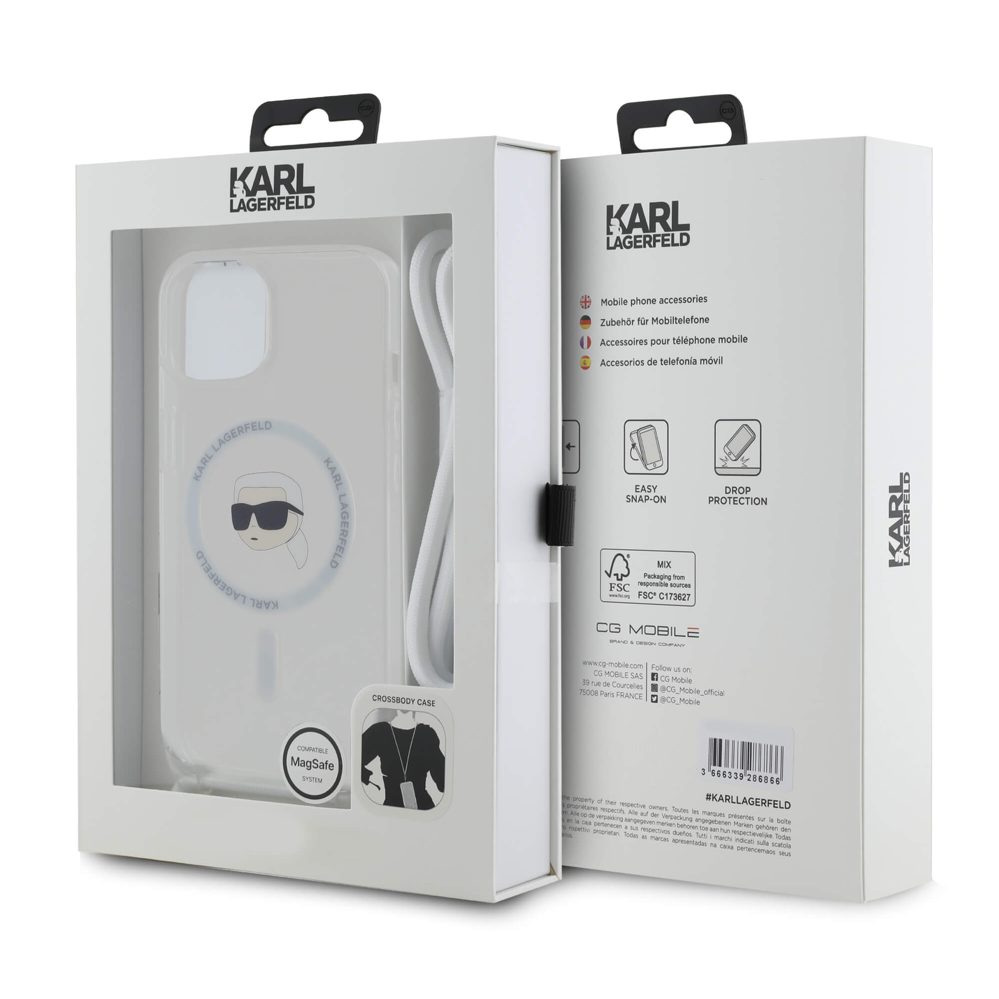 Karl Lagerfeld iPhone 15 / 14 / 13 - Crossbody IML Karl Head - MagSafe Σκληρή Θήκη με Πλαίσιο Σιλικόνης και Λουράκι - Διάφανη - KLHMP15SHCKHNT