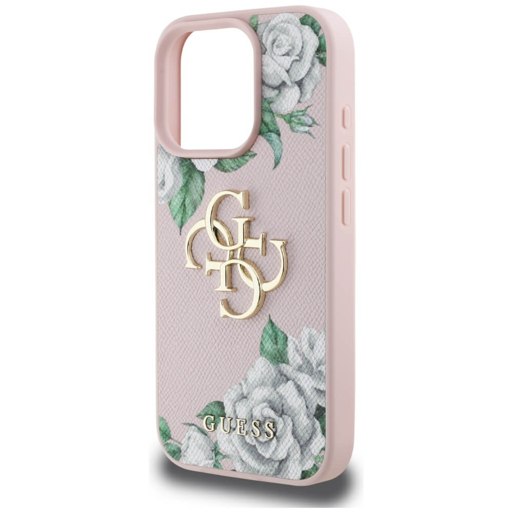 Guess iPhone 16 Pro - Grained Roses Big 4G Logo - Σκληρή Θήκη με Επένδυση από Οικολογικό Δέρμα - Pink - GUHCP16LPGROP4MP
