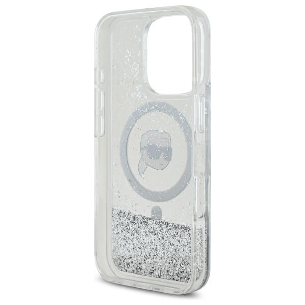 Karl Lagerfeld iPhone 16 Pro Max - Liquid Glitter Karl Head - MagSafe Σκληρή Θήκη με Πλαίσιο Σιλικόνης - Διάφανη - KLHMP16XLGKISGH