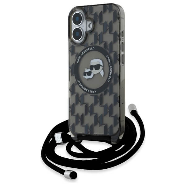 Karl Lagerfeld iPhone 16 - IML Crossbody Monogram Karl and Choupette Head - MagSafe Σκληρή Θήκη με Πλαίσιο Σιλικόνης και Λουράκι - Black - KLHMP16SHCKCKLCK