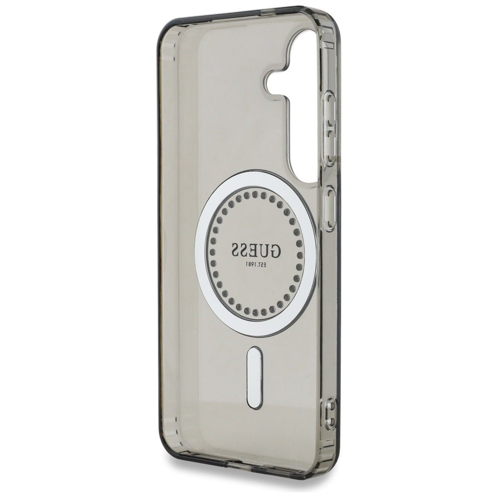 Guess Samsung Galaxy S25 - Rhinestones Printed Classic Logo - MagSafe Σκληρή Θήκη με Πλαίσιο Σιλικόνης - Black - GUHMS25SPFTDTEK