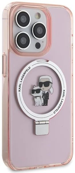 Karl Lagerfeld iPhone 15 Pro Max Ring Stand Karl and Choupette MagSafe Σκληρή Θήκη με Πλαίσιο Σιλικόνης και MagSafe - Διάφανη / Pink - KLHMP15XHMRSKCP