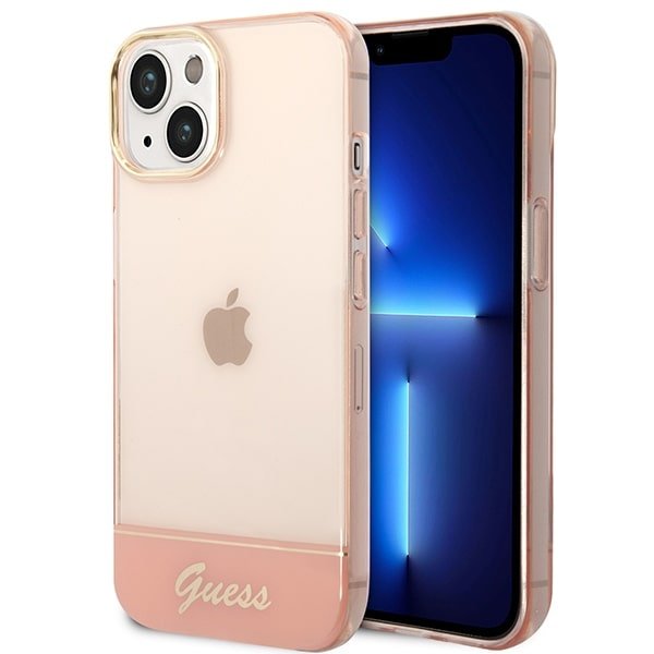 Guess iPhone 14 Plus Translucent Σκληρή Θήκη με Πλαίσιο Σιλικόνης - Pink / Semi Clear - GUHCP14MHGCOP