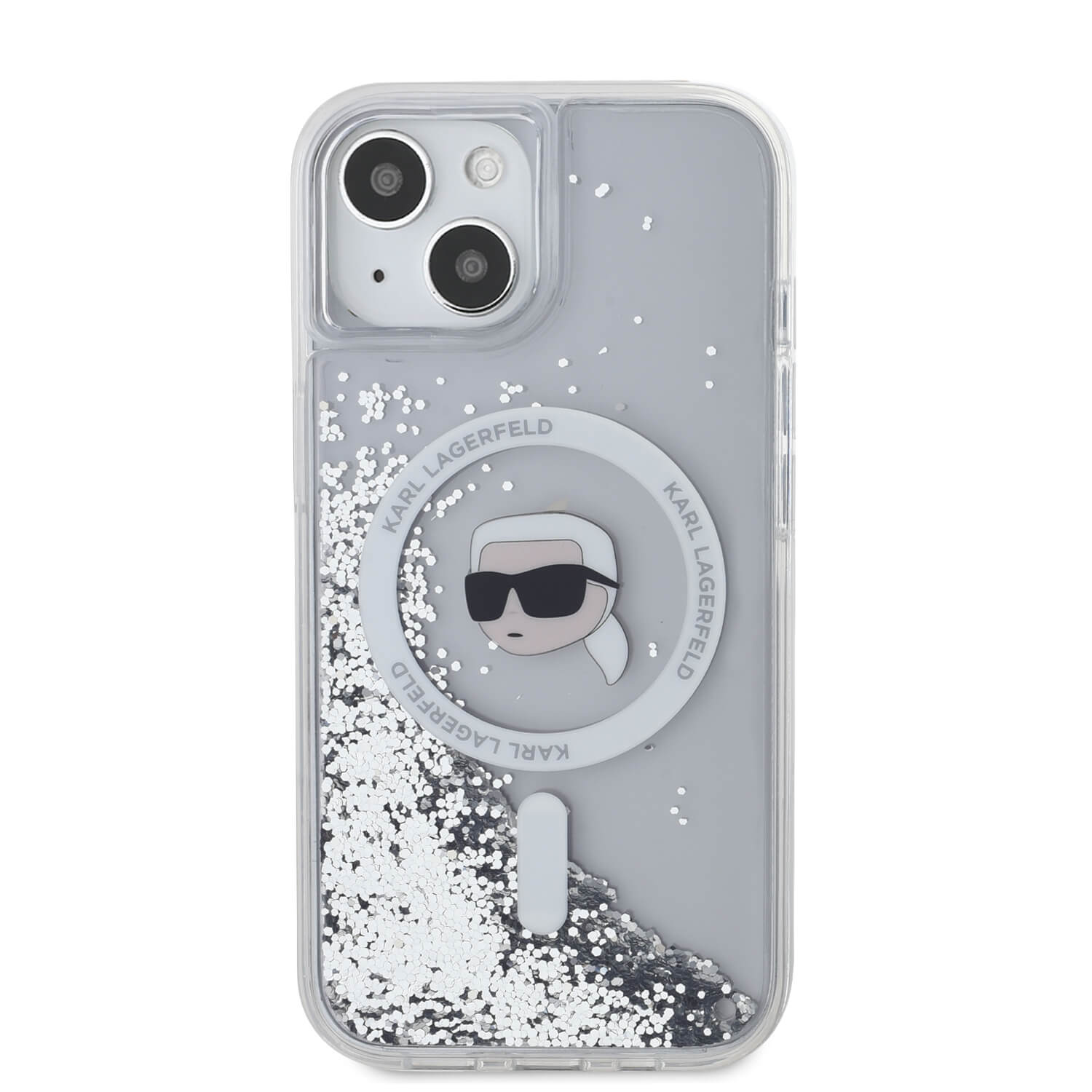 Karl Lagerfeld iPhone 15 / 14 / 13 - Liquid Glitter Karl Head MagSafe - Σκληρή Θήκη με Πλαίσιο Σιλικόνης - Διάφανη - KLHMP15SLGKISGH