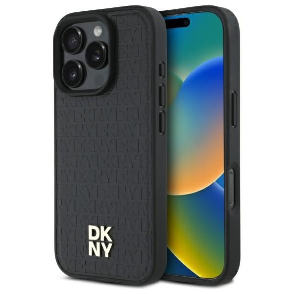 DKNY iPhone 16 Pro Max - Repeat Pattern Stack Logo MagSafe - Σκληρή Θήκη με Επένδυση Συνθετικού Δέρματος - Black