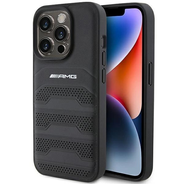 AMG iPhone 15 Pro Leather Debossed Lines Σκληρή Θήκη με Πλαίσιο Σιλικόνης και Επένδυση Συνθετικού Δέρματος - Black - AMG00069 - 0