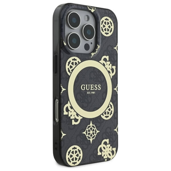 Guess iPhone 16 Pro - IML Peony On 4G Background MagSafe - Θήκη με Επένδυση Συνθετικού Δέρματος - Black - GUHMP16LH4PYEEK