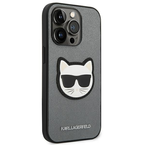 Karl Lagerfeld iPhone 14 Pro Max - Saffiano Choupette Head Patch Σκληρή Θήκη με Επένδυση Συνθετικού Δέρματος και Πλαίσιο Σιλικόνης - Grey - KLHCP14XSAPCHG