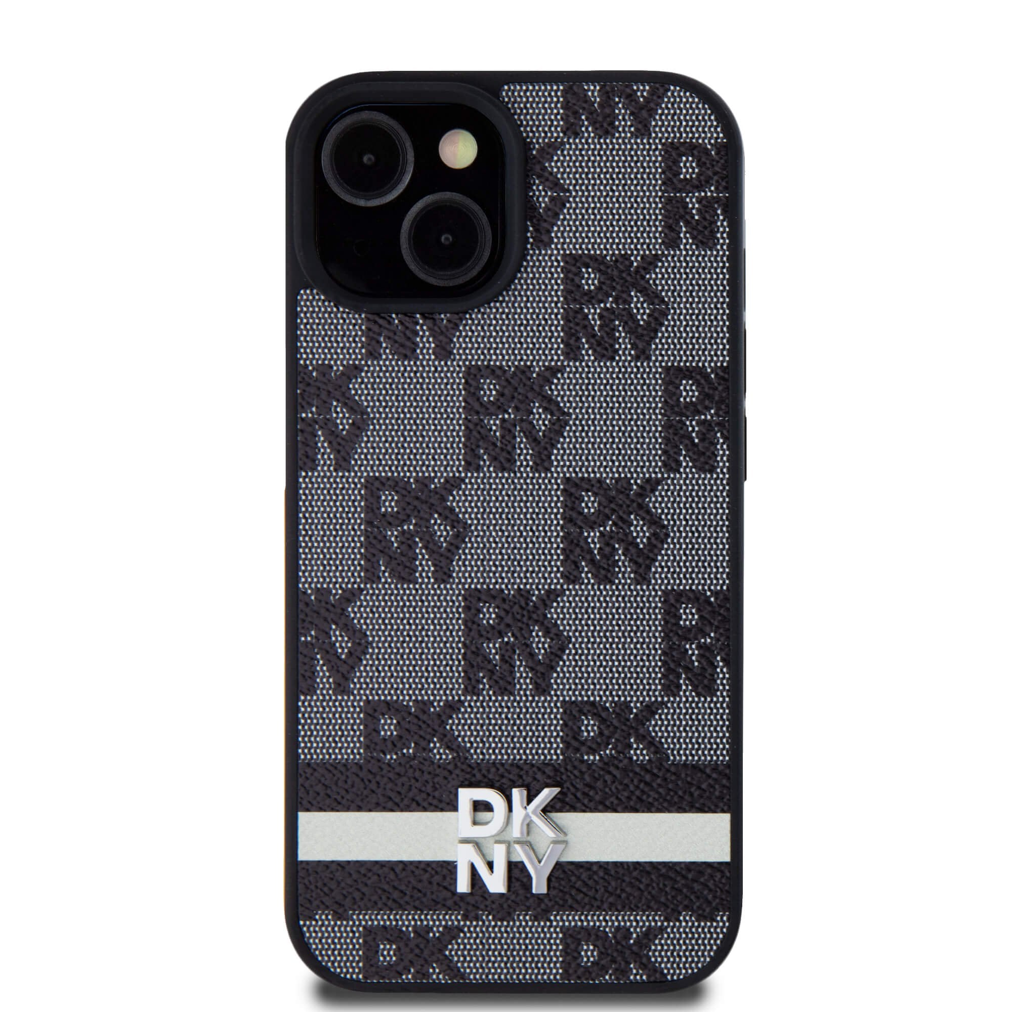 DKNY iPhone 15 / 14 / 13 - Leather Checkered Mono Pattern and Printed Stripes - Σκληρή Θήκη με Επένδυση Συνθετικού Δέρματος - Black