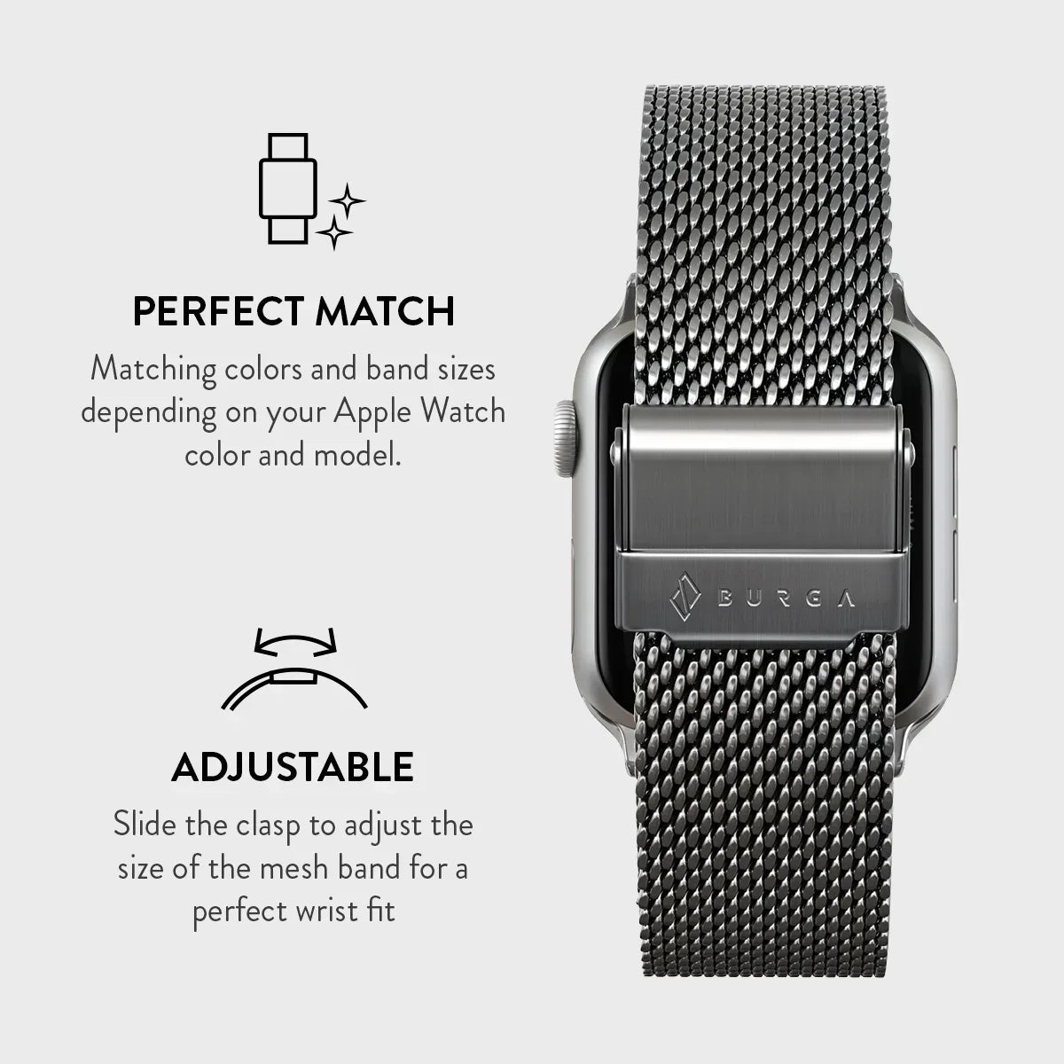 Burga Λουράκι Apple Watch 4/5/6/7/8/9/10/11 - SE (1/2/3) - Ultra (1/2/3) – 44/45/46/49mm - Mesh Elegance - Silver