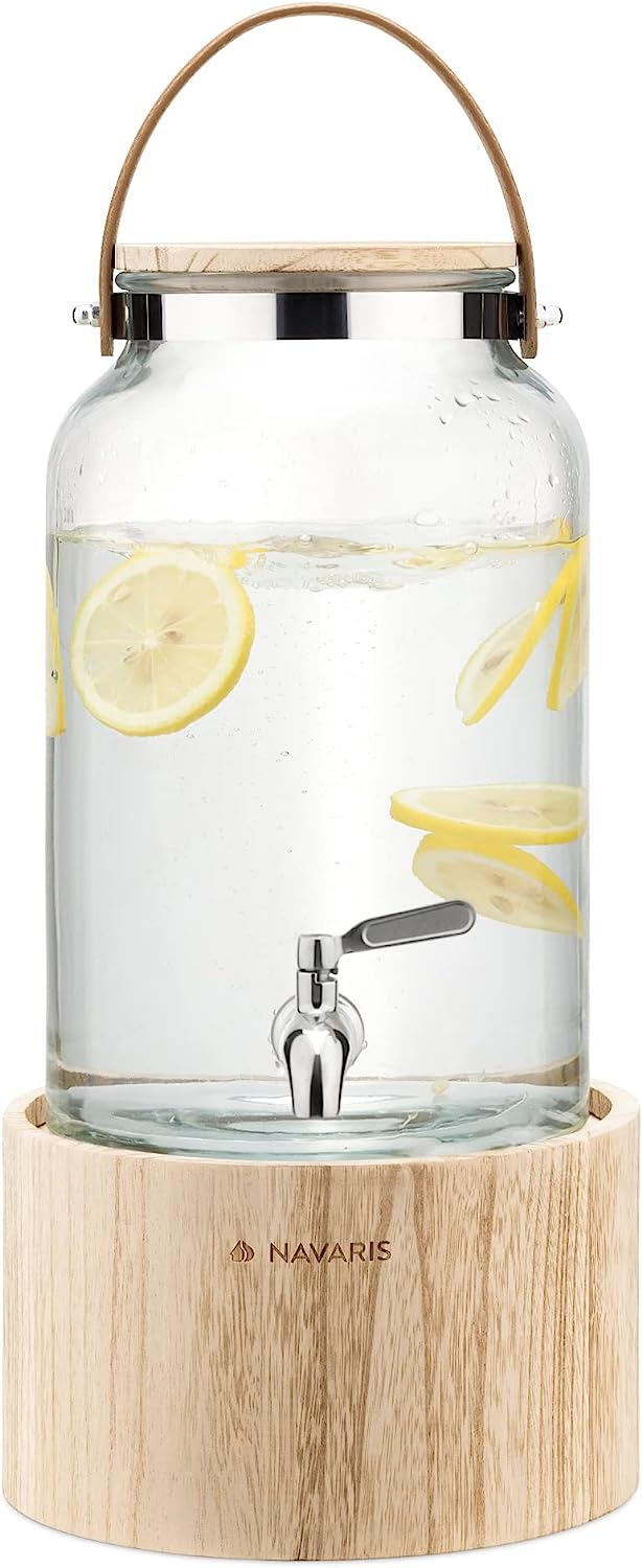 Navaris Γυάλινος Διανεμητής Ποτού με Ξύλινη Βάση και Δερμάτινη Λαβή - 5.6L - Light Brown - 60333.01