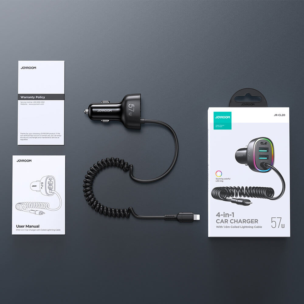 Joyroom JR - CL20 4in1 Fast Car Charger 57W Φορτιστής Αυτοκινήτου με 2 Θύρες USB, 1 Θύρα Type - C και Καλώδιο Lightning 1.6m - Black
