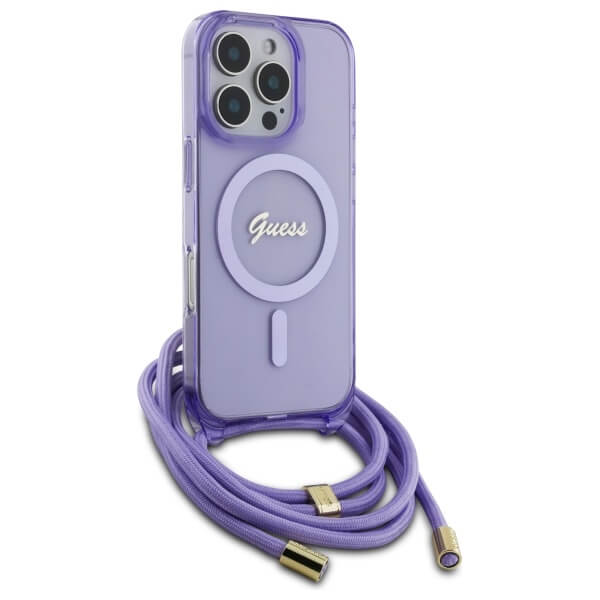 Guess iPhone 16 Pro - Crossbody Cord Script MagSafe - Σκληρή Θήκη με Πλαίσιο Σιλικόνης και Λουράκι - Purple - GUHMP16LHCTSGNSU