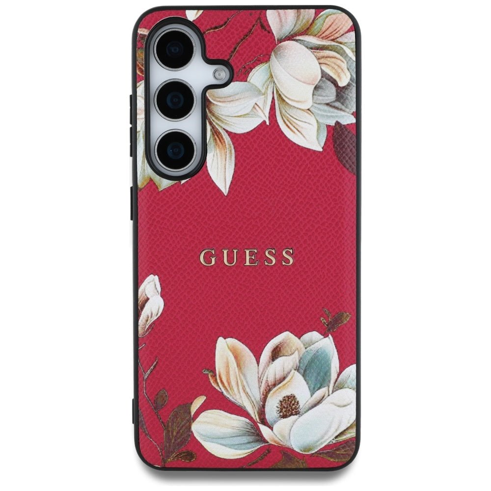 Guess Samsung Galaxy S25 - Grained Printed Flower Pattern - Θήκη με Επένδυση Συνθετικού Δέρματος και MagSafe - Fuchsia - GUHMS25SPGNMPLMF