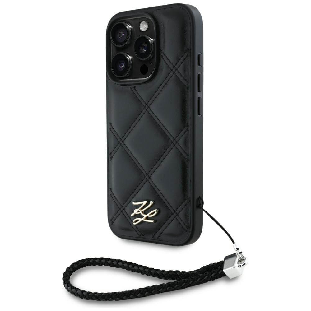 Karl Lagerfeld iPhone 16 Pro - Quilted Initial Logo and Chain Strap - Θήκη με Επένδυση Συνθετικού Δέρματος και Λουράκι - Black - KLHCP16LPSQSKLSMSK