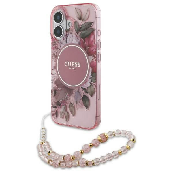 Guess iPhone 16 Plus - IML Flowers With Pearl Strap MagSafe - Σκληρή Θήκη με Πλαίσιο Σιλικόνης και Λουράκι - Pink - GUHMP16MHFWBRCESP