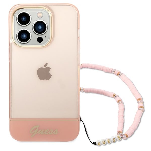 Guess iPhone 14 Pro Pearl Strap Σκληρή Θήκη με Πλαίσιο Σιλικόνης και Λουράκι - Pink / Pearl / Semi Clear - GUHCP14LHGCOHP